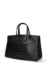 Borsa a tote in pelle nera con motivo coccodrillo in rilievo, con due manici, forma rettangolare e superficie liscia. Presenta motivi in rilievo e un ampio interno.