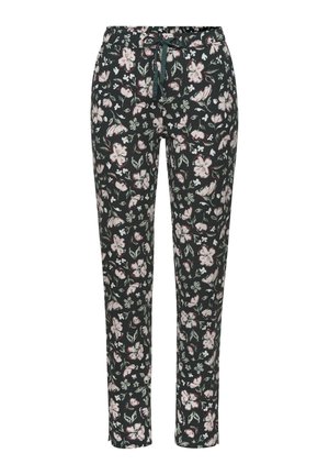 Bloemmotief broek in donkergroen met roze en witte bloemen. Gemaakt van zachte stof, met een elastische taille en trekkoord.