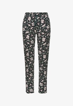 Pantalons à motifs floraux de couleur vert foncé avec des fleurs roses et blanches. Fabriqués en tissu doux, avec une taille élastique et un cordon de serrage.