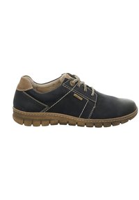 Scarpa di pelle blu navy con accentuazioni beige, dettagli cuciti e una suola in gomma flessibile. Presenta la punta rotonda e un design con lacci.