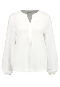 Blusa bianca a maniche lunghe con scollatura a V profonda, polsini elastici e vestibilità ampia e rilassata.