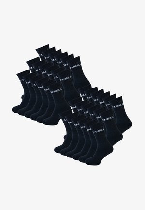 Schwarze Baumwollsocken mit geripptem Muster und weißem Logo, in einem einheitlichen Muster angeordnet. Mehrere Paare zusammen präsentiert.