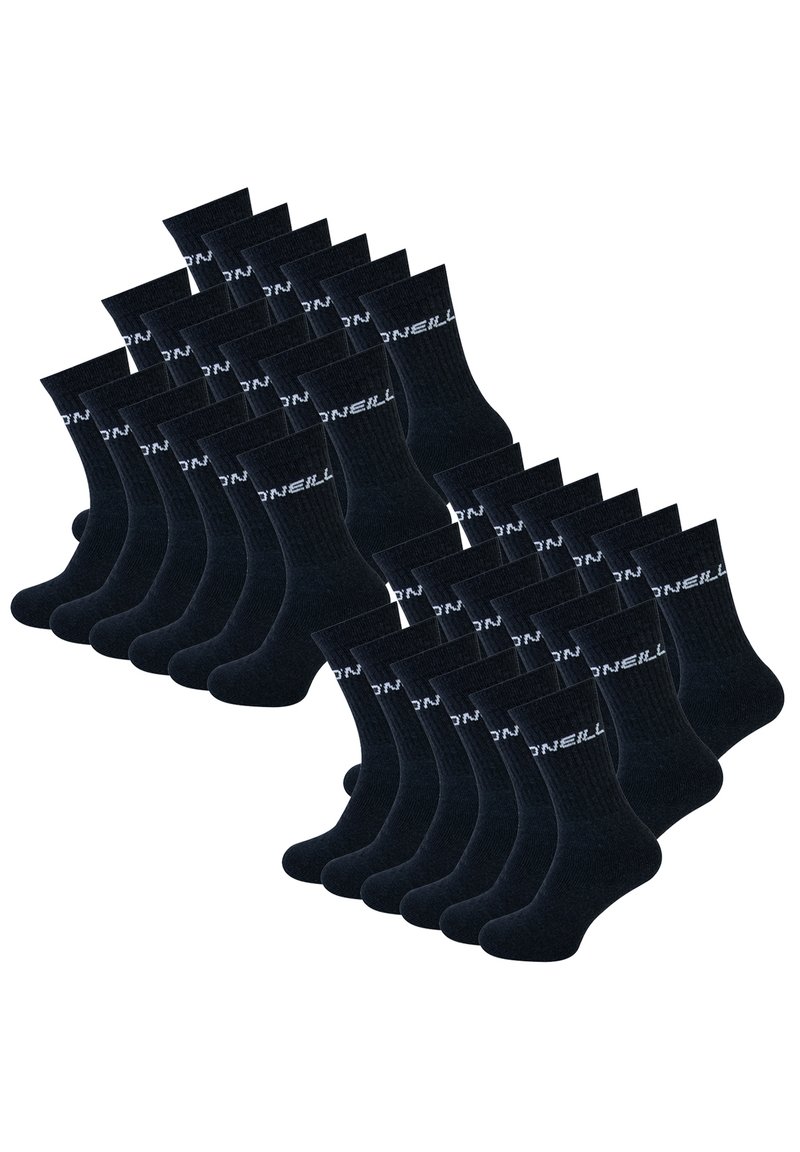 Zwarte katoenen sokken, met ribbeltextuur en wit logo, gerangschikt in een uniform patroon. Meerdere paar samen getoond.