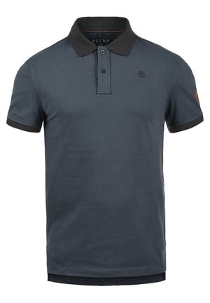 Dark blue polo shirt with a contrasting black collar and sleeve cuffs. Features a two-button placket and a small logo on the chest.