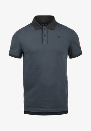 Dark blue polo shirt with a contrasting black collar and sleeve cuffs. Features a two-button placket and a small logo on the chest.