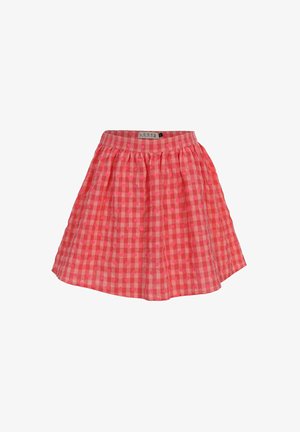 Roze en rood geruite rok met elastische tailleband met kleine hartjespatronen, van het merk Looxs Revolution.