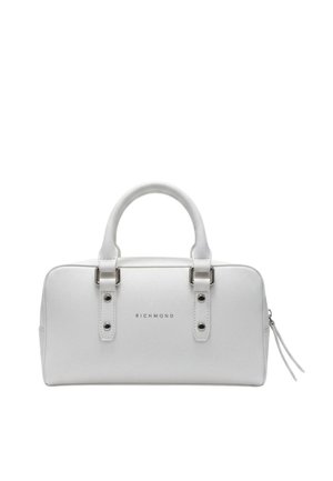 Borsa a mano rettangolare bianca con bordi arrotondati, doppi manici, ferramenta metallica, chiusura con zip e logo "RICHMOND" al centro davanti.