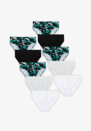 Pakke med tolv bomuldsunderbukser i sort, grå, hvid og teal camouflage mønstre, med elastiske taljer og klassisk snit design.