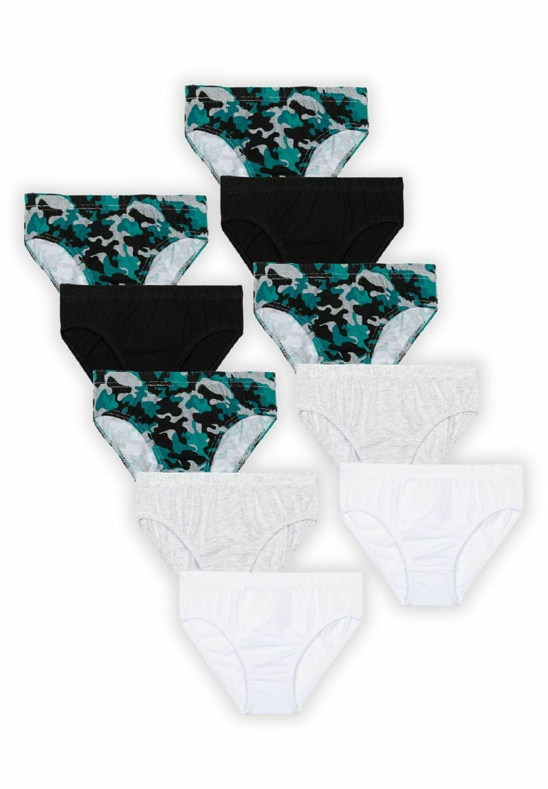 Confezione da dodici mutande in cotone nei colori nero, grigio, bianco e con fantasia camouflage teal, caratterizzate da fasce elastiche in vita e design a taglio classico.