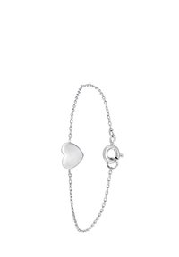 Silver bracelet featuring a heart-shaped charm, a delicate chain, and a lobster clasp closure. Smooth surface with a polished finish.