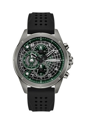 Reloj cronógrafo de acero inoxidable con correa negra perforada, esfera multicapa en verde y negro y tres subesferas que muestran segundos y minutos.