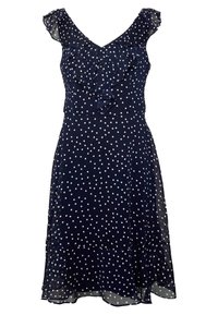 Navy blue sleeveless dress with white polka dots, ruffled neckline, and flared hem. Lightweight fabric with a slightly sheer texture.