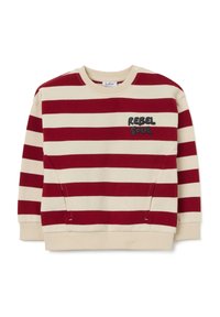 Gestreepte sweatshirt met rode en crèmekleurige horizontale strepen, ronde halslijn, zijsplitten en reliëftekst "REBEL SOUL" in zwart.