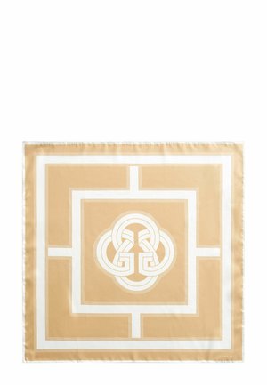 Beige-weißer quadratischer Schal mit geometrischem Rand und ineinandergreifendem, kreisförmigem Emblem in der Mitte.