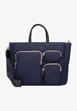 Sac cabas bleu marine avec trois poches zippées à l'avant, poignées noires, et bandoulière réglable avec un marquage discret.