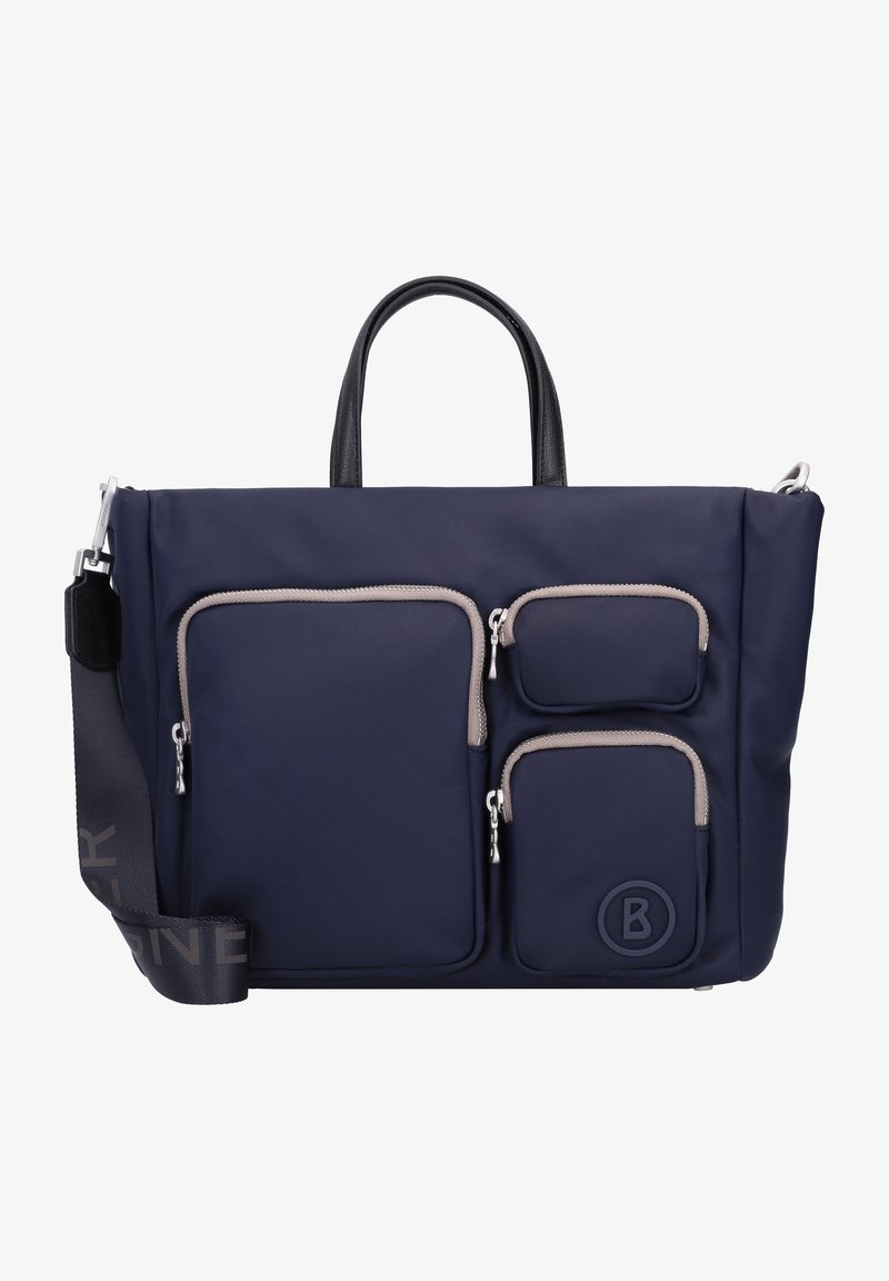 Sac cabas bleu marine avec trois poches zippées à l'avant, poignées noires, et bandoulière réglable avec un marquage discret.