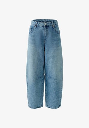 Light blue wide-leg denim shorts with a high waist, featuring large front pockets and a raw hem. Made from textured, durable cotton fabric.
