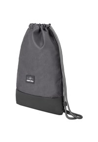 Bolsa de cordón en tela gris con un acabado texturizado, que presenta un fondo negro en contraste y una etiqueta de logo en la parte frontal.