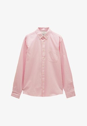 Langärmliges, rosa-weiß vertikal gestreiftes Hemd mit Knöpfen, vorne mit Brusttasche und geknöpftem Kragen.