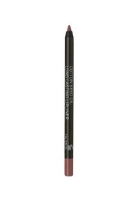 Crayon à lèvres marron avec une pointe foncée et une base marron clair. L'emballage présente un texte argenté sur fond sombre, indiquant une formule longue durée.