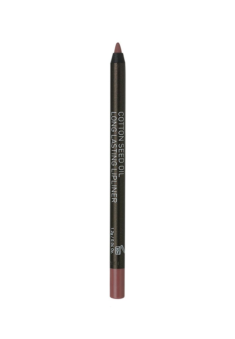 Crayon à lèvres marron avec une pointe foncée et une base marron clair. L'emballage présente un texte argenté sur fond sombre, indiquant une formule longue durée.