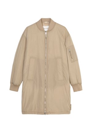 Beige Bomberjacke mit einem Frontreißverschluss, geripptem Kragen und Bündchen. Verfügt über zwei seitliche Taschen und eine mit Reißverschluss verschlossene Armtasche. Glatte Textur.