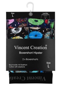Due boxer shorts a vita bassa di taglia L, realizzati in cotone ed elastan, con motivi colorati a forma di ciambella su uno sfondo scuro.