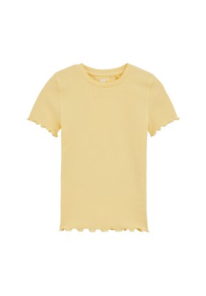 T-shirt jaune côtelé à manches courtes avec ourlets à volants. Doté d'un col rond et d'une texture douce. Design simple et ajusté.