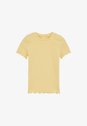 T-shirt gialla a coste con maniche corte e orli arricciati. Presenta una scollatura rotonda e una texture morbida. Design semplice e aderente.