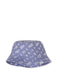 Cappello a secchiello realizzato in tessuto di un leggero colore viola con un motivo geometrico bianco. Presenta una visiera larga e un'etichetta del marchio discreta sul lato.