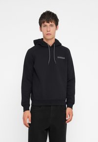Black hooded sweatshirt with a front pocket, featuring a drawstring, ribbed cuffs, and a small logo on the left chest.