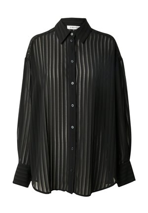 Schwarzes, durchscheinendes Hemd mit langen Ärmeln und vertikalen Streifen, Knopfleiste und spitzem Kragen; mit breiten Manschetten und lockerer Passform.