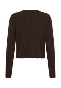 Pull en maille côtelée brun foncé à manches longues, longueur légèrement raccourcie et col rond, vu de dos.