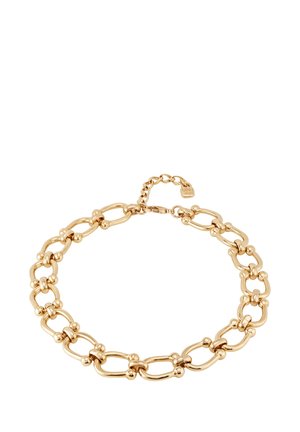 Collar de cadena de metal dorado con eslabones alargados y cuentas redondas. Cierre ajustable con una pequeña etiqueta. Acabado suave y brillante.