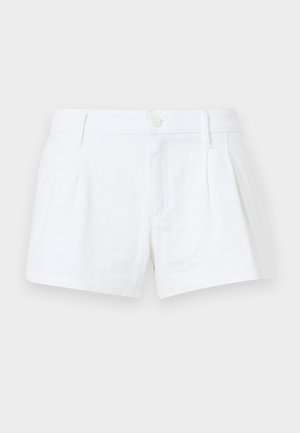 White linen shorts with pleats, a button closure, and side pockets. Features a tailored cut and smooth texture.