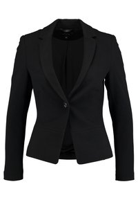 Musta räätälöity bleiseri lovellulla kauluksella, yksinkertaisella napin suljennalla ja teksturoidulla kankaalla. Edessä taskut ja istuva siluetti.