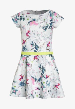 Floral dress in white fabric featuring pink and blue flowers, short sleeves, a fitted bodice, and a contrasting bright green belt.