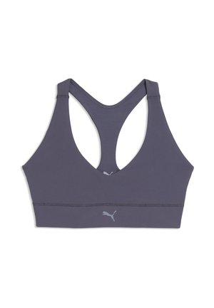 Mørkegrå sports-bh med racerback-design og lys grå Puma-logo på frontens midterbånd, vist på hvid baggrund.