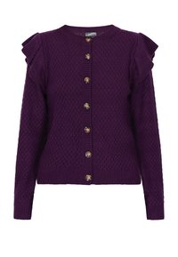 Purple knitted cardigan with a textured pattern, featuring a row of round buttons and ruffled accents on the shoulders.