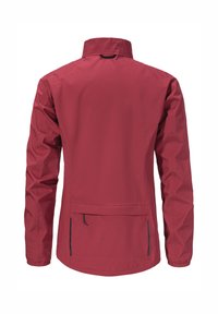 Rote leichte Jacke mit hohem Kragen, langen Ärmeln und einer Rückentasche. Glatte Textur mit elastischen Bündchen und verstecktem Frontreißverschluss.