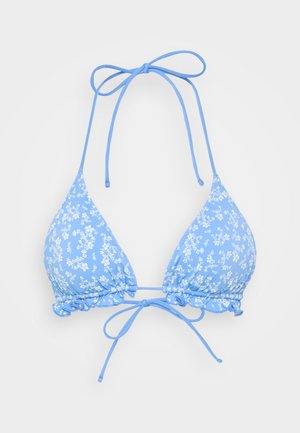 Világoskék virágmintás háromszög bikini felső fodros díszítésekkel, állítható nyakkal és hátrészi megkötőkkel, sima anyagból készült.