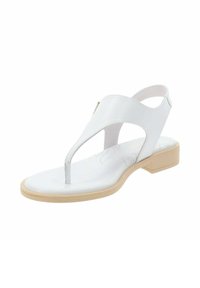 Sandalo in pelle bianca con punta arrotondata, cinturino sul retro e tacco basso a blocco. Presenta dettagli perforati sulla soletta.