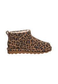 Leopardenmuster-Ankle Boots aus braunem Wildleder mit einem weichen Innenfutter, runder Zehenpartie und strukturiertem Gummisole mit einer Schlaufe an der Rückseite.