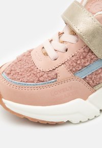 Rózsaszín sportcipő, melynek textúrázott felső része van, velúr díszítéssel, világoskék részletekkel és fényes arany pánttal. Az oldalán "LOVELY SNEAKER" felirat van belevésve.