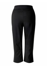 Schwarze Capri-Hosen aus einem glatten, leichten Stoff mit einem elastischen Bund. Merkmale ein einfarbiges Design und dezente Nähte.