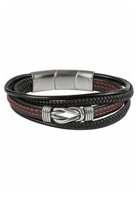 Bracciale in pelle intrecciata nera con cuciture rosse e chiusura in metallo argento con un dettaglio di design attorcigliato.
