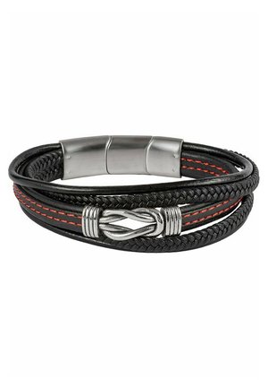 Schwarzes geflochtenes Lederarmband mit rotem Stich und einem silbernen Metallverschluss mit einer verdrehten Designdetail.