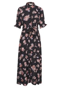 Robe noire à fleurs avec des manches courtes, boutonnage sur le devant, ceinture à la taille et un design long et fluide présentant des fleurs roses, bleues et beiges.