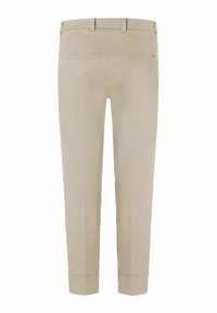 Beige broek gemaakt van een gladde stof, met een rechte snit, twee achterzakken en omslagrand. Geen zichtbare patronen of accenten.