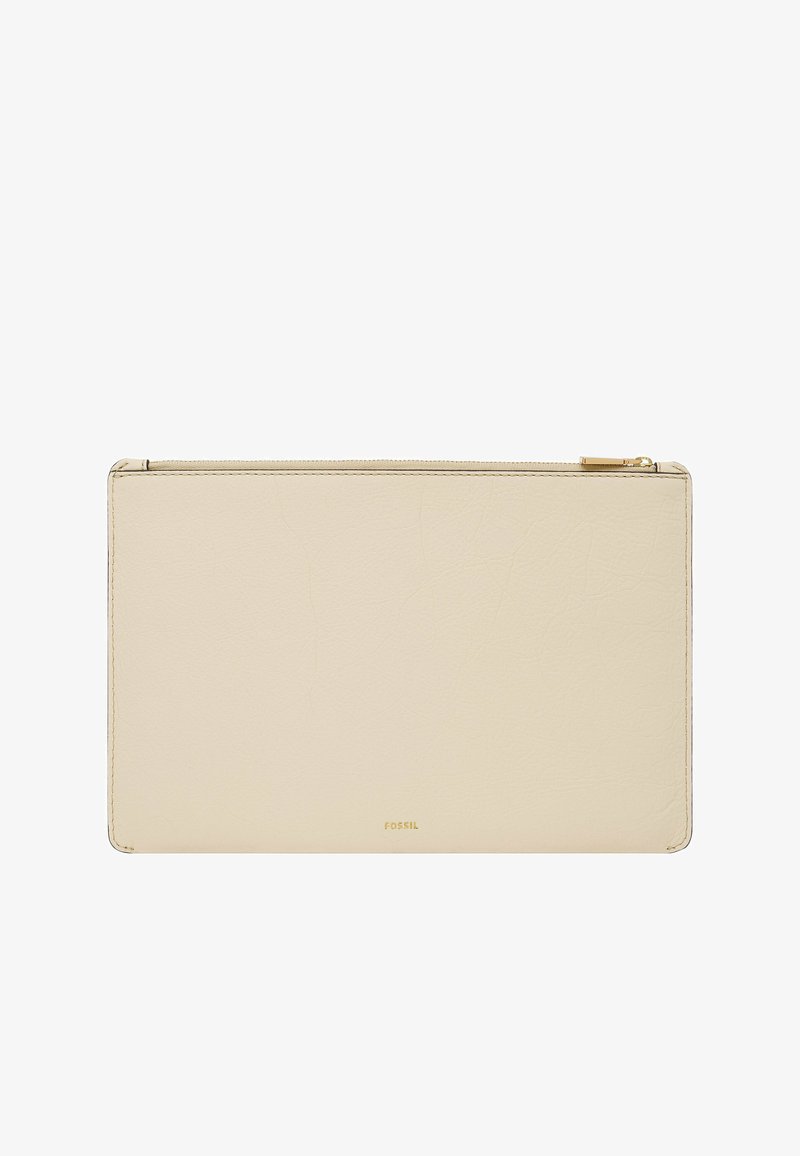 Fossil beiger Leder-Zipper-Täschchen mit glatter Textur, rechteckiger Form und dezentem Branding. Verfügt über einen oberen Reißverschluss für sicheren Stauraum.